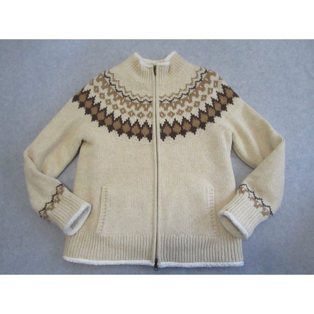 L.L. Bean Sweater Womens Medium Cream Fair Isle Nordic Sherpa Lined Full Zip‎